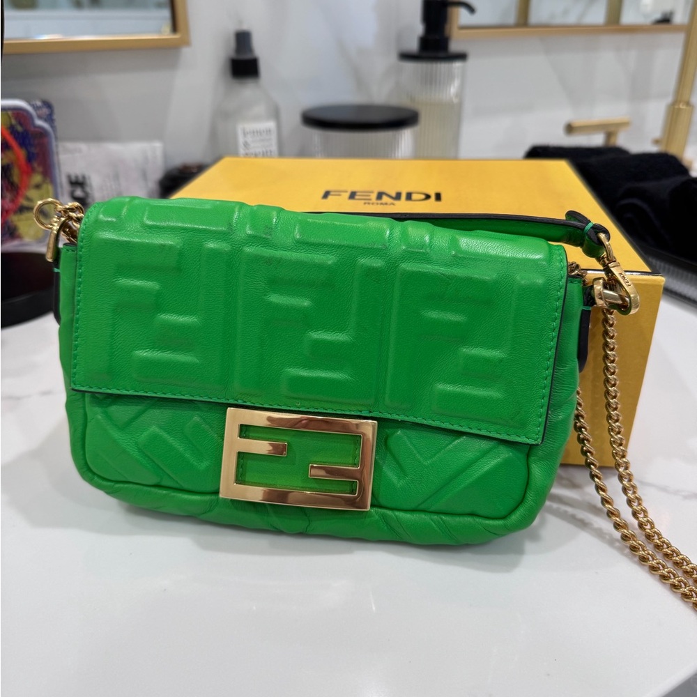 Fendi Vibrant Green Mini Baguette Crossbody Bag